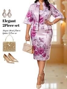 Fleurora Plus Size Elegant Party Floral Print Jacket & Dress 2-Piece Set Purple Sets Fall Clothes Elegant Women's Set Church Outfits For Women Floral Dress - Mauve Purple - View 3