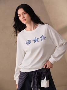 Anewsta Sudadera de cuello redondo de manga larga con estampado de patrón de concha y remaches para mujer - Blanco - Ver 4