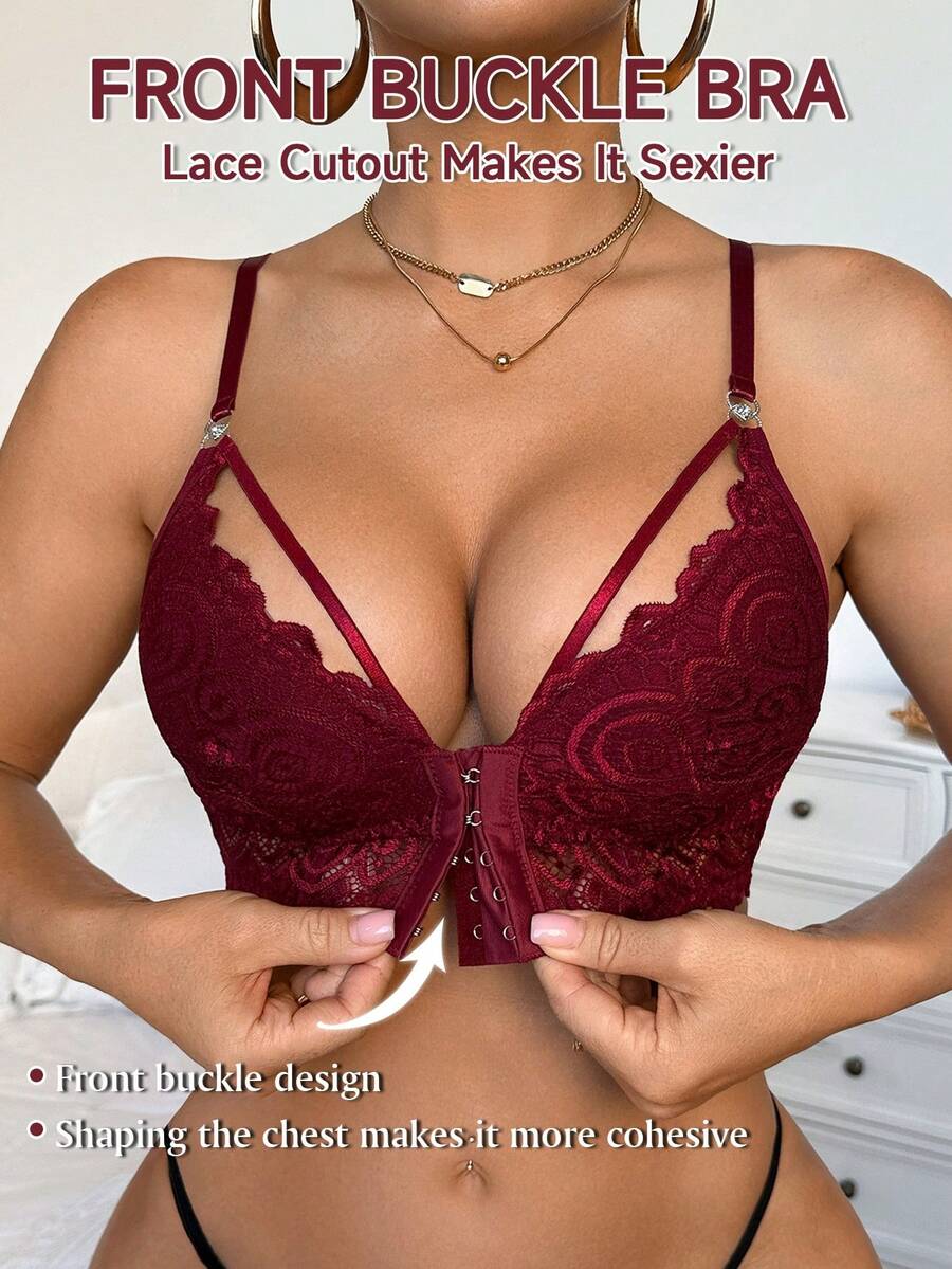 SHEIN 浪漫、优雅、性感蕾丝前扣文胸 - 酒紅色 - 查看 1