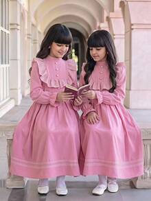 SHEIN 兒童青少年女孩返校穿搭，修身粉色拼接格紋長袖荷葉邊立領百褶洋裝，復古學院風精緻粉色休閒襯衫洋裝 - 粉色 - 查看 3