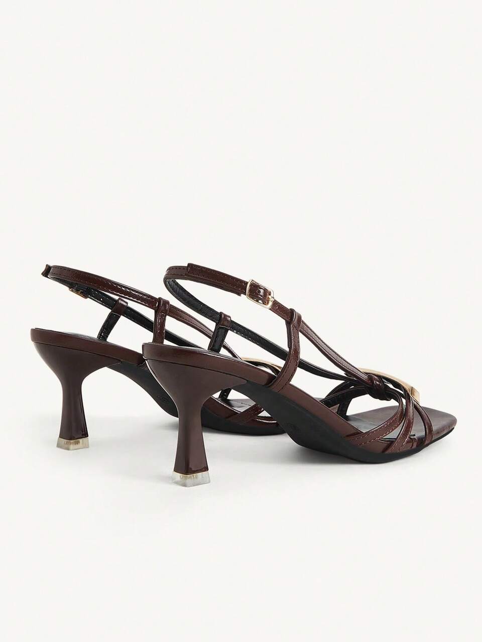 CUCCOO CHICEST New Brown Patent Leather High-Heeled Sandals, Metal Square Buckle Cross Strap Square Toe Commuter High Heels