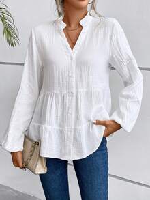 SHEIN Holidaya 缺口领口 灯笼袖 荷叶边下摆 罩衫 荷叶边上衣 - 白色 - 查看 4