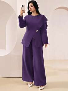 Veilorie Plus Size Metal Button Asymmetrical Hem Long Sleeve Shirt And Solid Color Long Pants 2 Pieces Set - Purple - View 7