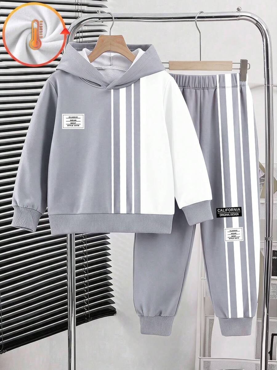 兒童青少年男孩休閒簡約長袖連帽舒適運動衫 2 件套,適合秋冬 - 彩色 - 查看 1