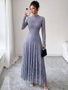 Modelyn 酒紅色設計半高領收腰顯瘦蕾絲女款洋裝 - 紫色 - 查看 8