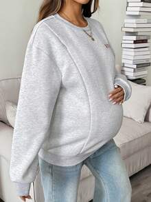 SHEIN Maternity Nursing Embroidered Long Sleeve Crew Neck Top, Casual Versatile Fall - Grey - View 4