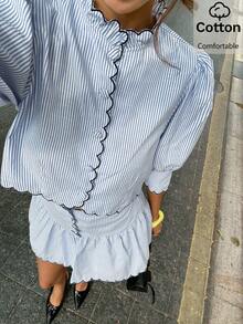 Siren Gaze Women's Colorblock Striped Button-Up Shirt And Ruffle Hem Mini Skirt 2 Pieces Set - Blue and White - View 5