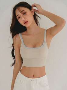 DAZY 對比色雙肩帶加墊微聚攏無縫女款運動內衣 - 米色 - 查看 4