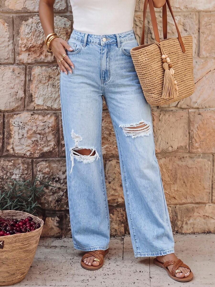 EMERY ROSE Ladies' Solid Color Simple Style Daily Wear Ripped Denim Long Pants - Light Wash - View 1