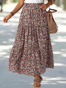 EMERY ROSE Women's Patchwork Floral Print Long Midi Skirt Summer Picnic Vacation Black Casual - Multicolor - View 5