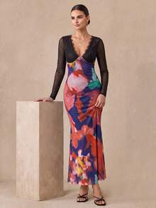 Almamuse Women's Tie-Dye Lace Mesh Patchwork Sexy Dress Sheer Dress Women See Through Dress Multicolor Dress Deep V Dress Tie Dye Dress - Multicolor - View 1