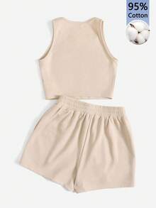 SHEIN EZwear 女款 95% 棉休閒極簡復古豹紋紐約字母圖案圓領修身背心與抽繩短褲兩件套 - 杏色 - 查看 8