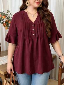 Lacomfia Burgundy Ruffle Short Sleeve Wooden Button Decor Fitted Loose Minimalist Elegant Casual Plus Size Shirt Teachers' Day Office Party Summer - Burgundy - View 3