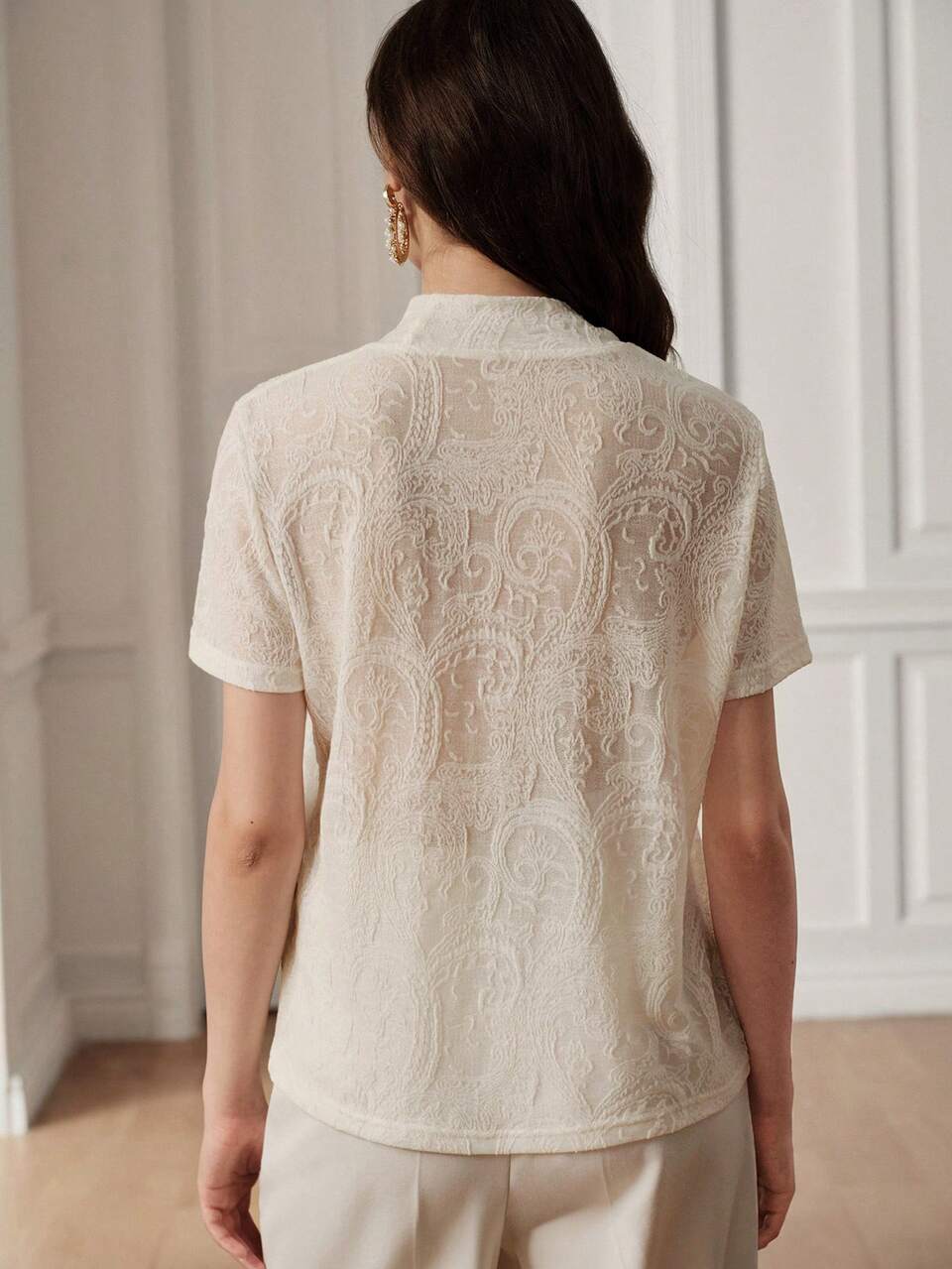 Summer Work Outfits For Women, Fashionable Casual Versatile Lace Jacquard Waist Short Sleeve Top