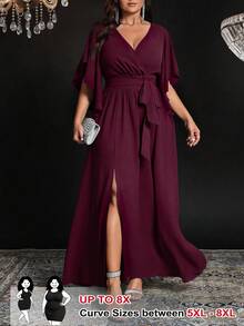 SHEIN CURVE+ 大码女式纯色修身V领喇叭袖系带腰部褶饰开衩优雅派对长裙 - 中紫紅色 - 查看 1