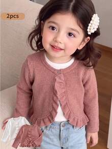 SHEIN Young Girls Solid Color Long Sleeve Knit Cardigan Simple Style Multi-Piece Set Suitable For Spring And Autumn Casual Daily Wear - Multicolor - View 3