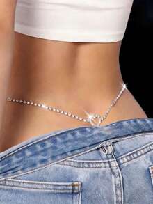 SpicyHot 1pc Women's Heart-Shaped Rhinestone Metal Body Chain - Silver - View 1