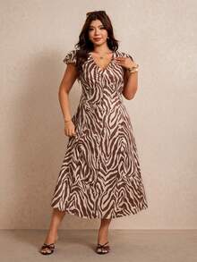 Elaquor Plus Size Vacation Fashion Zebra Print Button-Down Dress Formal Beige Summer Boho Casual Kawaii - Multicolor - View 4