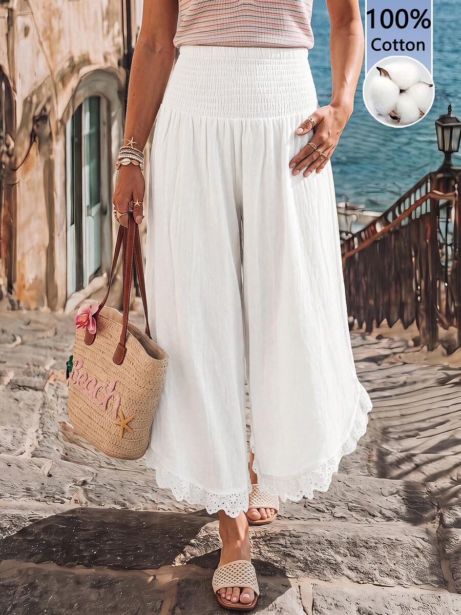 Sylviya Casual Women's Summer Cotton Ruffle Long Pants - White - View 1