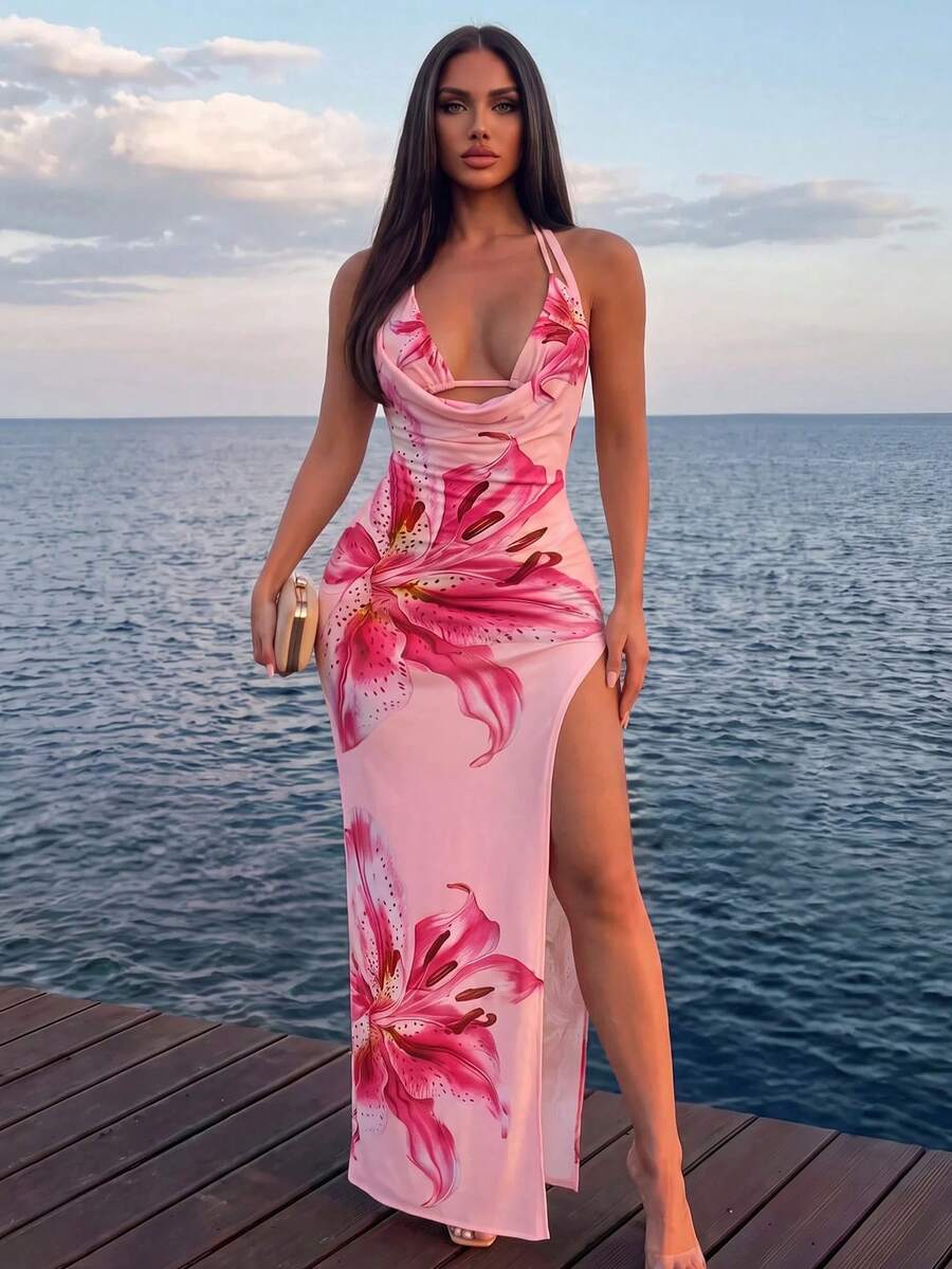 Sirith 3pcs/Set Premium Printed Spaghetti Strap Halter Bikini Top, V-Cut Bottoms & Long Flowy Printed Mesh Cover Up - Multicolor - View 1