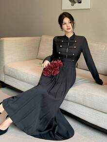 Joudiya Vestido largo elegante para mujer de estilo militar, negro, de otoño, con cuello alto pequeño, manga larga, doble botonadura con botones metálicos, falda plisada completa y cintura ceñida, ideal para ir a la oficina y citas - Negro - Ver 5