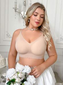 Crystal Vow 1pc Plus Size Seamless Wire-Free Jelly Wavy Edge V-Neck Bra - Apricot - View 3