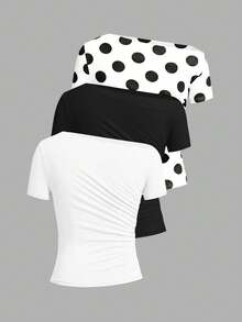 SHEIN Clasi 女款優雅百搭不對稱肩褶腰法式風T恤 3件/套 - 黑與白 - 查看 2