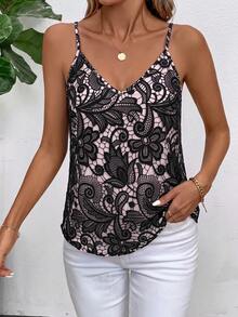 SHEIN Clasi 女款蕾絲休閒百搭日常穿著細肩帶背心上衣 - 黑色 - 查看 5