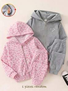 SHEIN 女嬰休閒簡約學院風復古粉色豹紋連帽衛衣，適合秋冬穿著 - 彩色 - 查看 5