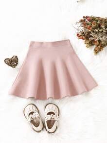 SHEIN Young Girl Solid Color Casual Daily Knit Mini Skirt Autumn Fall - Pink - View 2