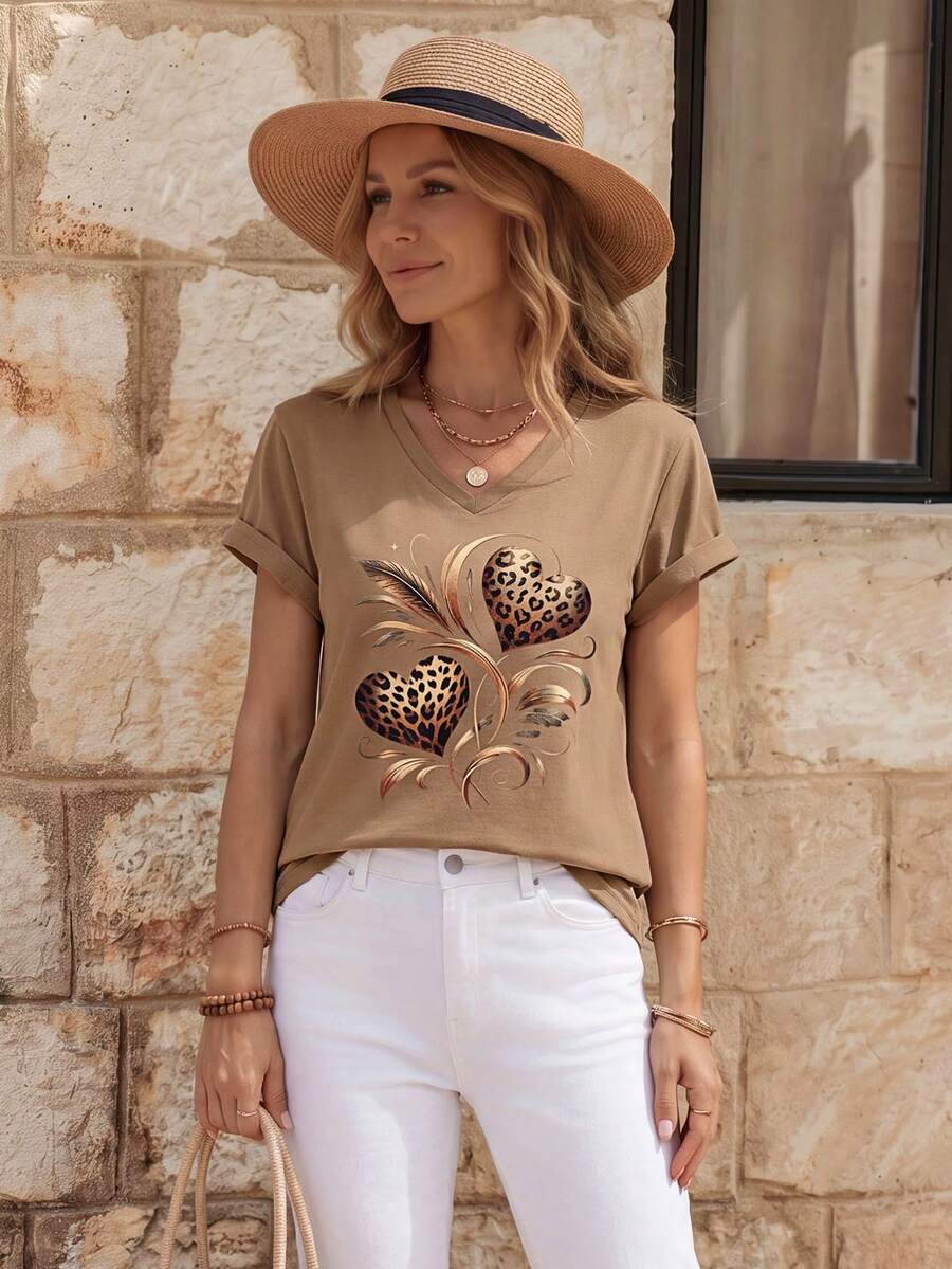EMERY ROSE Vintage Leopard Print Heart & Feather Graphic Round Neck Short Sleeve V-Neck Casual Women T-Shirt, Summer - Khaki - View 1