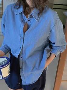 DAZY Solid Color Loose Long Sleeve Denim Shirt Casual Vacation Spring Autumn Women's Denim Top - Blue - View 1