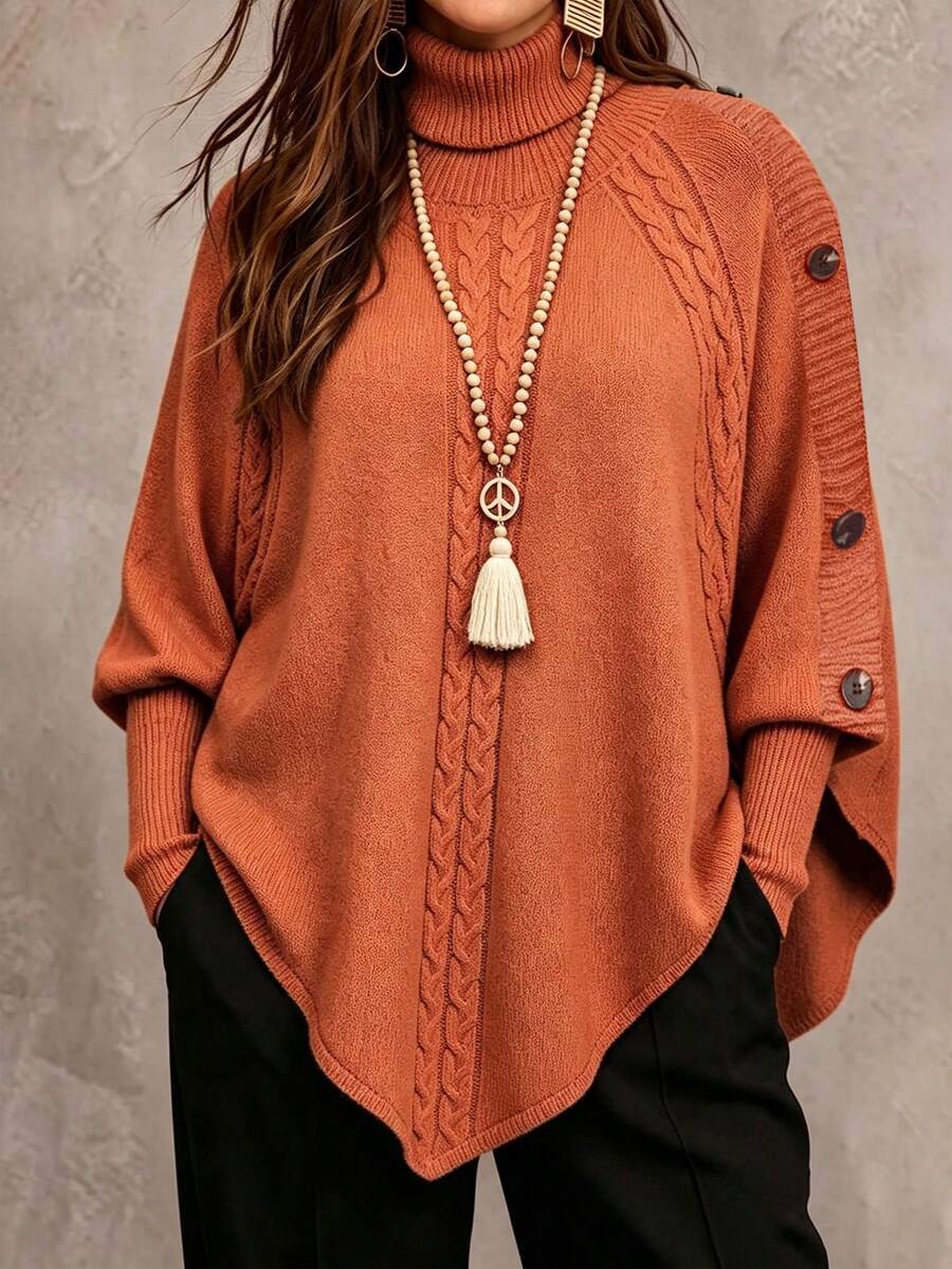 Linhara CURVE Women's Solid Color Knit Button High Neck Batwing Long Sleeve Cape Style Fitted Elegant Autumn/Winter Sweater - Orange - View 1