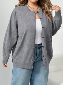 SHEIN CURVE+ 素色休閒寬鬆柔軟優雅版型長袖大尺碼針織開襟衫，秋季辦公正式居家約會商務灰色冬季款 - 深灰色 - 查看 5