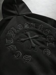 Men's Regular Fit 3D Cross Pattern Casual Street Style Metal Double Zipper Fashion Black Hoodie - Black - View 2