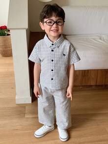 DAZY 嬰兒/幼兒（男童）翻領條紋韓式襯衫套裝 - 灰色 - 查看 10