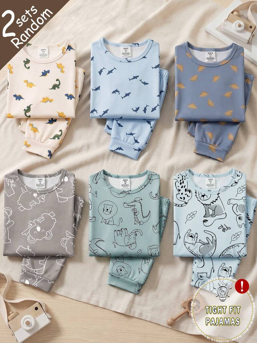 SHEIN 【6件套,随机发货2件套】男童紧身睡衣,春夏新品,时尚热销元素:恐龙、鲨鱼、狮子、大象、鳄鱼、考拉图案印花,针织弹力面料,短袖上衣和长裤两件套睡衣套装 - 彩色 - 查看 1