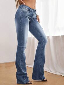 SHEIN Women's Outdoor Fashion Commute Leather Patch Decor Slim Fit Multi-Pocket Blue Jeans - Medium Wash - View 3