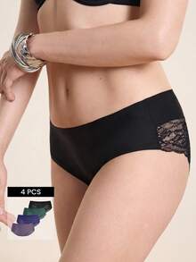 Hourtrue 4pcs Comfortable Seamless Contrast Lace Brief - Multicolor - View 1