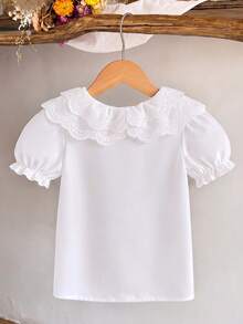 SHEIN Elladie kids 女童夏季休閒時尚荷葉花瓣袖短袖純色上衣，適合夏季休閒出遊，百搭單件上衣襯衫 - 白色 - 查看 3