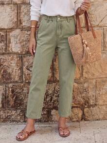 EMERY ROSE Paperbag Waist Straight Leg Jeans - Army Green - View 1