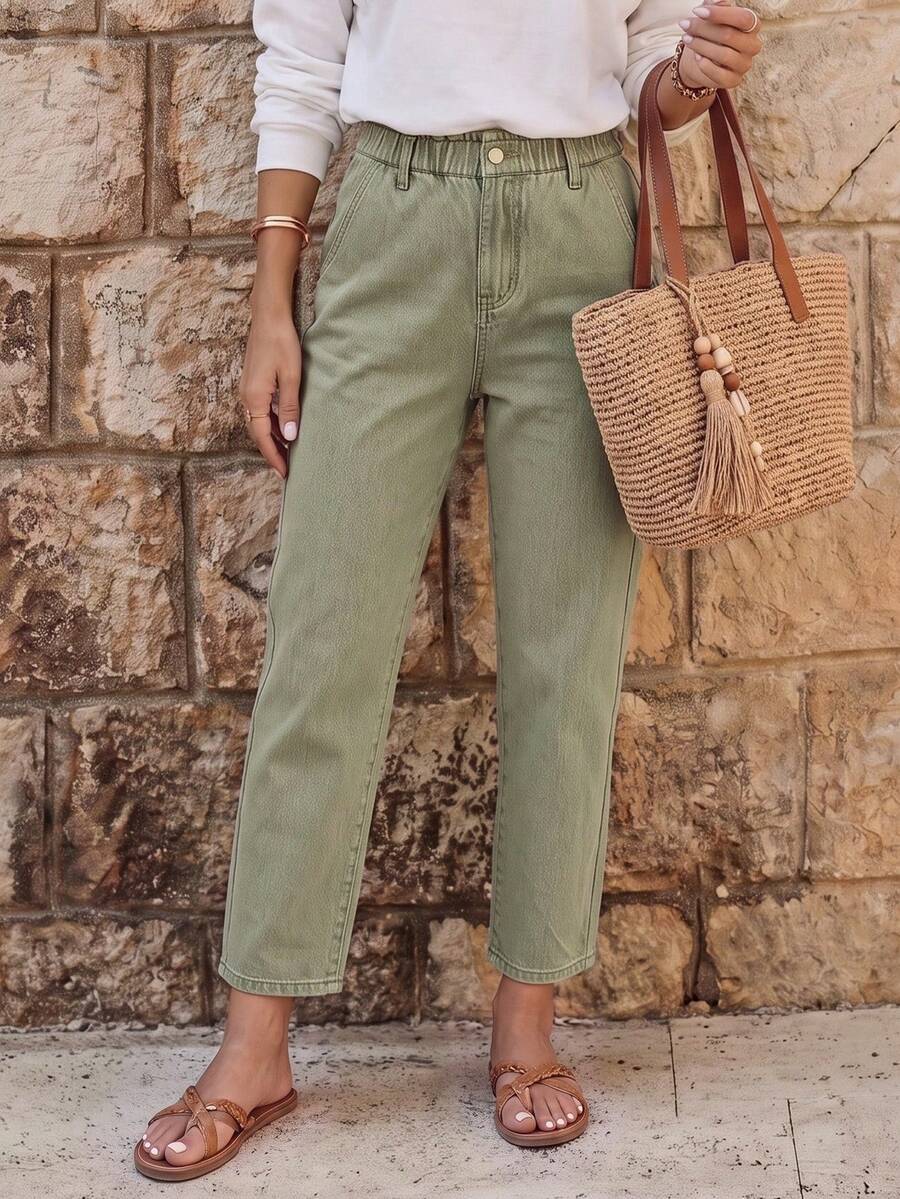 EMERY ROSE Paperbag Waist Straight Leg Jeans - Army Green - View 1