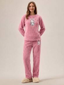 SHEIN Pink Fuzzy Plush Cute Rabbit Cartoon Embroidery Detail Round Neck Long Sleeved Shirt & Long Pants Homewear Comfort Cute Pajama Set - Pink - View 3