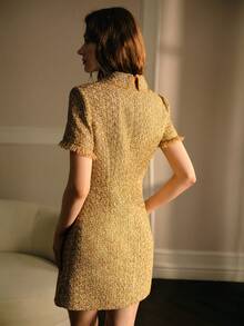 MOTF PREMIUM WOMEN'S GOLD TEXTURED WAIST-CINCHING ELEGANT SHORT DRESS FOR COMMUTING - Gold - View 4