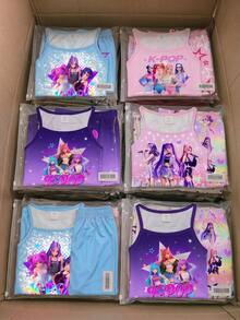 SHEIN 少女卡通女團印花細肩帶上衣與短褲家居服套裝，4款隨機發送 2套 - 彩色 - 查看 3