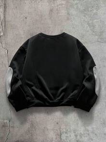 AXEPEAK 男士字母刺繡長袖休閒不對稱剪裁圓領運動衫 - 黑色 - 查看 2