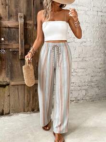 SHEIN Frenchy 女士休闲度假直筒裤，50%棉，夏季女装 - 彩色 - 查看 3
