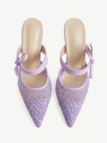 CUCCOO CHICEST Ladies Elegant Bow Flower Mesh Breathable Fashion Versatile Pointed Thin Heel High Heel Shoes Spring - Purple - View 2