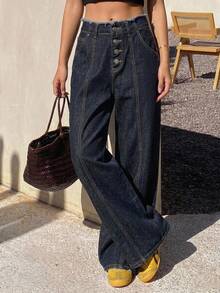 FRIFUL Women's Fashion Frayed Hem Straight Loose Fit Casual Jeans - Blue - View 4