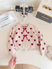SHEIN Young Girls Cardigans Knit Autumn/Winter Heart Pattern Fitted Round Neck Sweater Jacket - Khaki - View 4